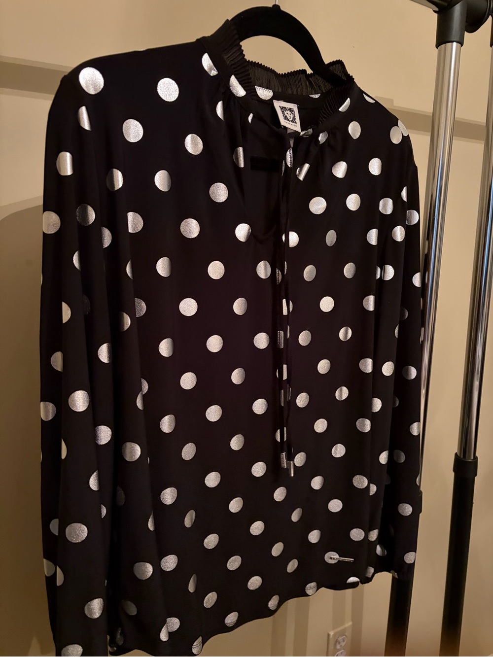 Anne Klein Black and Silver Polka Dot Long Sleeve Blouse